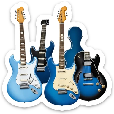 Icon for Blues Music: close-up collage of legendary blues artists. Gary Moore, Eric Clapton, B.B. King and Joe Cocker. Represented by silhouettes or symbolic items like guitars, microphones, or music notes, reflecting the soulful energy of blues music. Transparent background. sticker