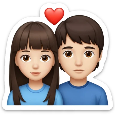 girl brunette with bangs long hair with boy dark brown hair with bangs with straight eyebrows with a light color heart between them. sticker