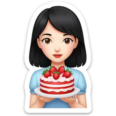 Beautiful black-haired girl holding a strawberry cake sticker