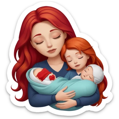 White woman with long red hair and makeup holding a sleeping baby sticker
