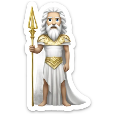 white man Poseidon with gold Trident. long white hair white dress.  with  hose sticker