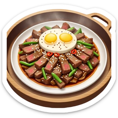Bulgogi Cinematic Realistic Bulgogi Dish Emoji, depicted as thinly sliced, marinated beef stir-fried to perfection, rendered with dynamic textures and vibrant, appetizing lighting. sticker