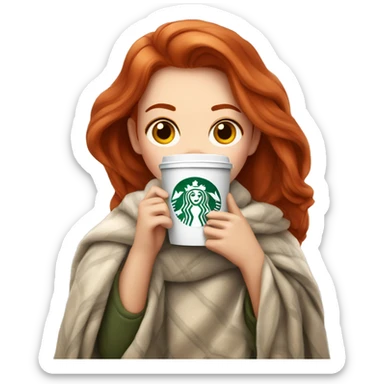 Pretty Redhead girl in cozy blanket drinking Starbucks sticker