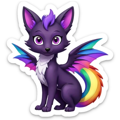 Cartoon female black Fox dragon hybrid purple eyes with rainbow colored wings face front full body sticker