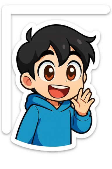 Extract the bottom left character with black hair and blue hoodie as a fully visible, separate image with a transparent background, keeping the original chibi stickers cartoon style and appearance. sticker