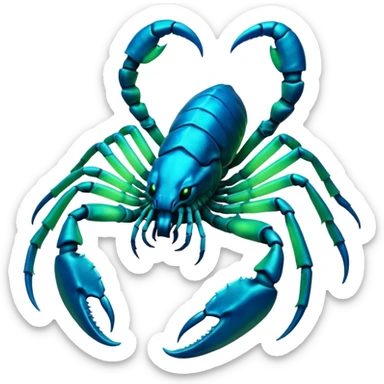 3D render of Radioactive Scorpion, bioluminescent deep sea style, glowing neon blue and green lights, dark background to contrast the glow, translucent organic textures. sticker