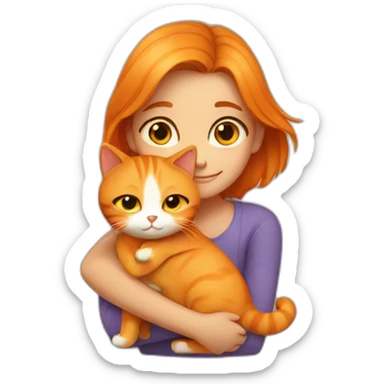 Girl with center parting hugs orange cat sticker