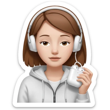 A clean, minimal emoji-style illustration of a white girl with brown hair worn loose. Her eyes are closed while listening to music with silver AirPods Max. She’s wearing a white zip-up hoodie. Smooth 3D emoji style, soft lighting, neutral tones. sticker