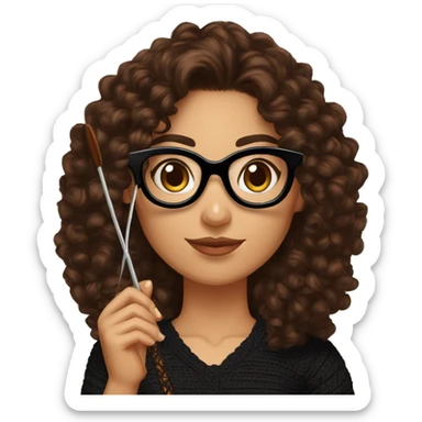 Hispanic woman with long chocolate brown curly hair,cateye black glasses, brown eyes, holding a crochet hook in one hand and yarn in the other hand, wearing a black lace shirt sticker
