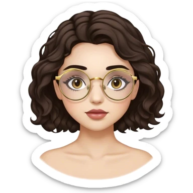 Pretty girl with dark wavy hair, light skin, natural make up, gold rose round glasses, dark slightly arched eyebrows, long lashes sticker
