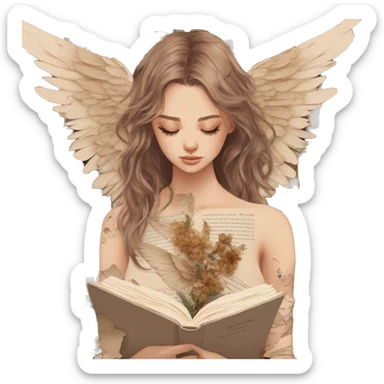 Library book bookworm academia aesthetic beige angel broken angel fallen angel tattoos with broken wing damaged wing torn wing, made of newspaper cuttings and dried flowers brown flowers sticker