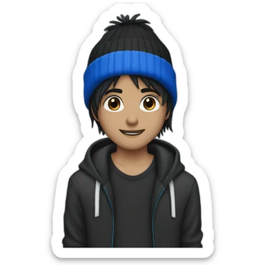 guy black emo hair with a blue adidas beanie sticker