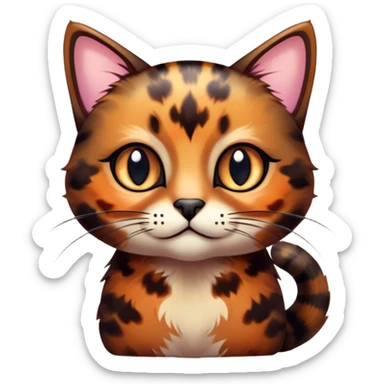 Cinematic Cute Tortoiseshell Cat Portrait Emoji, Head cocked sweetly with bright, curious eyes and a cuddly, mottled fur of rich browns and blacks, simplified yet charmingly adorable, highly detailed, glowing with a warm, gentle radiance, high shine, playful and endearing, styled with a dash of whimsical feline magic, soft glowing outline, capturing the essence of a cute tortoiseshell cat that seems ready to pounce with affectionate mischief! sticker