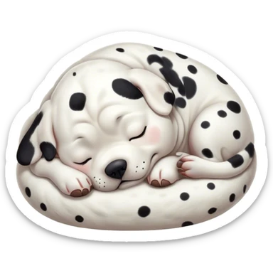 Cinematic Chubby Sleeping Dalmatian Portrait Emoji, Chubby and serene, with a round, plump build and a glossy white coat adorned with distinctive black spots, eyes gently closed in peaceful slumber, Simplified yet irresistibly endearing features, highly detailed, glowing with a gentle, dreamy glow, high shine, relaxed and content, stylized with a touch of whimsy, bright and heartwarming, soft glowing outline, capturing the essence of a blissfully sleepy companion, so comically serene it feels like it could roll out of the screen and snore with adorable charm! sticker
