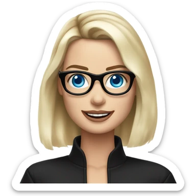 Real margot robbie,  bright blue eyes, wearing black glasses and waving hand sticker