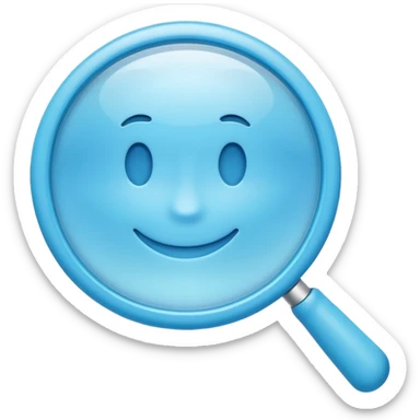 A 3D emoji-style magnifying glass, smooth rounded shapes, soft gradient blue ring, glossy plastic material, subtle highlights and reflections, simple minimal design, pastel blue color, slightly thick proportions, soft lighting, clean white background, modern emoji aesthetic, centered composition sticker