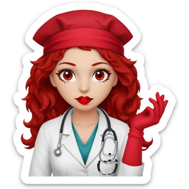 Lilith scalpel in hand, evil surgeon sexy surgeon clothes.  She has red eyes. She brown long curly hair. Wears sexy doctor outfit with red gloves. Hides mouth necknose with red bandana to hide her identity sticker