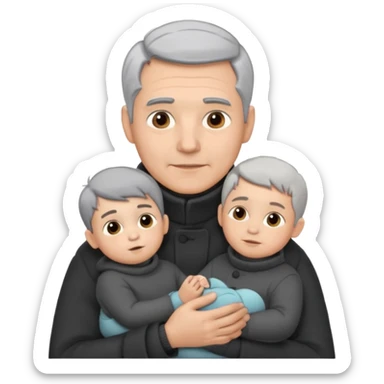 A father with silver-grey hair styled neatly and a clean-shaven face, wearing a dark turtleneck and wool coat, holding his baby sticker