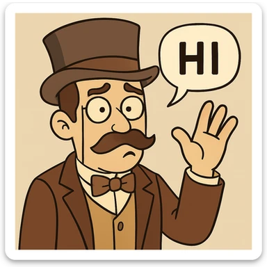 Make the character wave, add a speech bubble saying 'HI', and adjust his expression and body language to look like he is questioning something with a raised eyebrow, tilted head, and open hand. Keep the original style and background as in the reference image. sticker