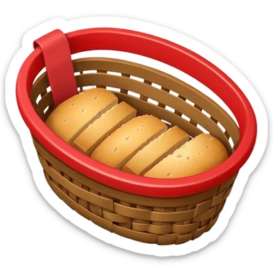 top-down view of nearly empty bread basket with single breadcrumb left, red nearly depleted battery icon (5%) in upper right, bold outlines, flat colors, gentle gradients, emoji style sticker