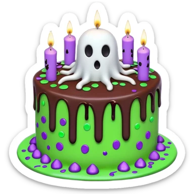 Chocolate Halloween cake with ghost floating and spiders on the side crawling with glowing green frosting dripping down the sides with candles on top and purple and black confetti  sticker