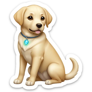 cinematic-[Labrador retriever]-realistic-full-body-sitting-emoji,-tail-resting-loosely-beside-its-paws,-head-tilted-dramatically, -sleek-[cream]-fur,-simplified-yet-realistic-focused-features,-highly-detailed,-glowing-with-an-almost-sarcastic-glow sticker