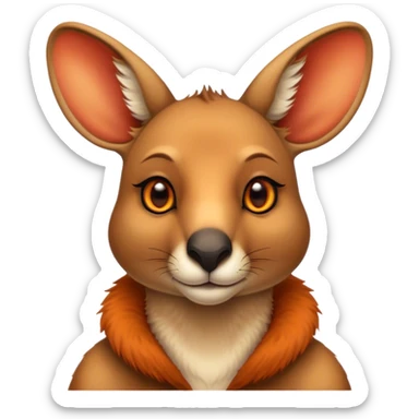Cinematic Noble Kangaroo Portrait Emoji, Poised and regal, with a powerful, muscular build and a sleek, well-groomed fur of warm red-orange hues, deep-set soulful amber eyes and a strong tail, Simplified yet sharp and sophisticated features, highly detailed, glowing with a warm, dignified glow, high shine, intelligent and athletic, stylized with an air of outback majesty, focused and attentive, soft glowing outline, capturing the essence of a watchful and confident marsupial, so majestic it feels as though it could bound out of the screen with effortless authority! sticker