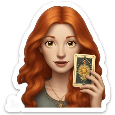 redhead white woman medium long straight hair, holding a tarot card in her hand sticker