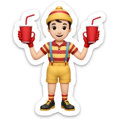 1930s rubber hose cartoon-style cup character with a big smile, black eyes, red nose, and striped straw on head. Wearing red shorts, yellow gloves, brown shoes, black shirt. Arms on hips, cheerful pose. Vintage Disney/Fleischer style, clean lines, limited colors, slight paper texture. 
 sticker