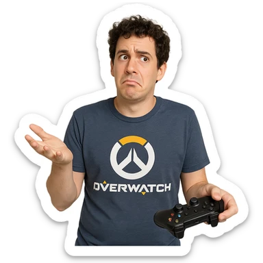a playful Overwatch fan who rarely plays, holding a controller but looking confused sticker