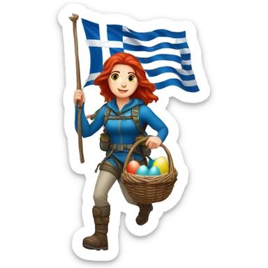 Greek Female winter mountaineer red hair white skin climbing with Greek Flag and Easter eggs basket sticker