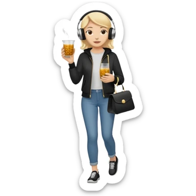 a young woman full length walks with headphones on with a caviar toast in one hand and herbal tea in the other hand sticker
