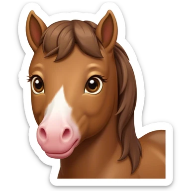 Cinematic Cute Brown Welsh Pony Portrait Emoji, Head tilted playfully and inquisitively, featuring a compact, charming form with a glossy, deep brown color, round, sparkling eyes full of gentle mischief, and a sweet, soft muzzle, Simplified yet irresistibly adorable features, highly detailed, glowing with a warm, inviting glow, high shine, affectionate and lively, stylized with a touch of rustic whimsy, soft glowing outline, capturing the essence of a mischievous yet endearing brown Welsh pony that seems as if it could prance out of the screen into your arms! sticker