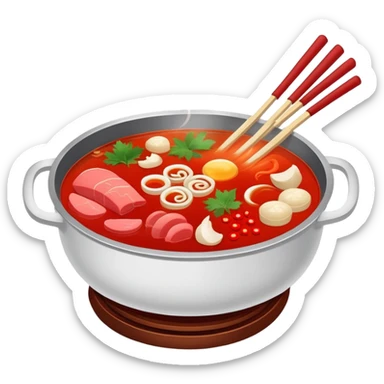 Chongqing hotpot with red spicy broth and ingredients, simplified emoji style with bold outlines and bright colors, cartoon style Chinese hot pot sticker