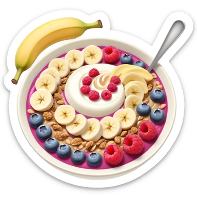 smoothie bowl with bananas, raspberries, blueberries, granola and peanut butter sticker