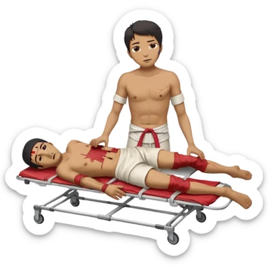 a man of oriental appearance, dressed in torn clothes, full length, in a prone position, with injuries on a medical stretcher, 1980 sticker
