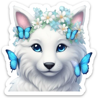 Anthro Cute Cool Kawaii gorgeous sparkly ethereal white fantasy animal creature with blue eyes furry sona with flowers and butterflies beautiful aesthetic sticker