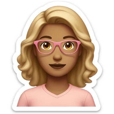 Slightly tan girl with brown eyes and hair, a middle part, a peach colored shirt and light pink glasses sticker
