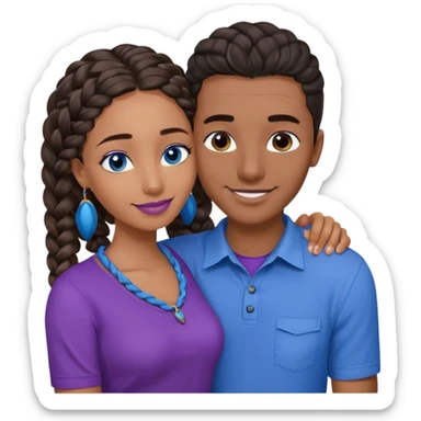 Boyfriend who is middle Eastern olive skinned with blue eyes and wavy straight brown hair in a blue shirt and his African girlfriend who is very black skinned, juicy lipped with black braided hair and the two are hugging and smiling hugely she’s wearing purple and she has black eyes sticker
