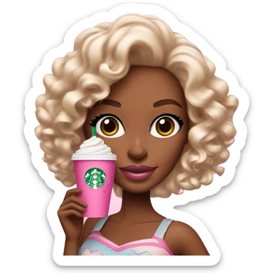 Barbie girl with curly hair holding Pink starbucks refresher sticker