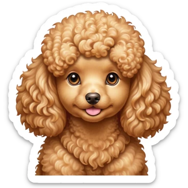 Cinematic Cute Apricot Poodle Portrait Emoji, Head tilted playfully and inquisitively, showcasing a bouncy, curly apricot Fur with a luminous sheen, round, sparkling warm eyes filled with curiosity, Simplified yet irresistibly adorable features, highly detailed, glowing with a warm, friendly glow, high shine, affectionate and lively, stylized with a touch of whimsy, bright and endearing, soft glowing outline, capturing the essence of a mischievous yet loving companion, so playful it feels like it could bounce out of the screen and into your arms! sticker