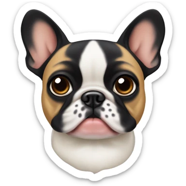 A small, black-and-tan French bulldog with a mostly black face and tan paws, tilting its head slightly with wide, puzzled eyes and a slightly furrowed brow, perhaps with a small question mark near its head sticker