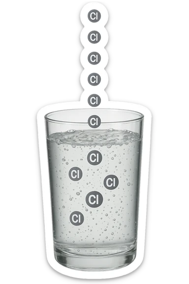 un bicchiere di acqua cade verticalmente dall'alto realistico e dettagliato, dentro l'acqua del bicchiere ci sono particelle di cloro ben visibili con la scritta "Cl" sopra, ci sono particelle anche che escono dal bicchiere e fluttuano in aria verticalmente, mentre alcune sono all'interno dell'acqua nel bicchiere, iperrealistico 4k sticker