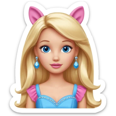 barbie, long blonde hair, pink dress, with blue eyes,different dress, big ear rings sticker