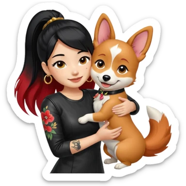 apple-style emoji of an Asian girl with long hair in a ponytail, deep side bangs, black leather dress, gold hoop earrings, dramatic false lashes, and a floral 3/4 sleeve tattoo on her left arm, hugging a smiling red head tri-color corgi, simplified, emoji-like sticker