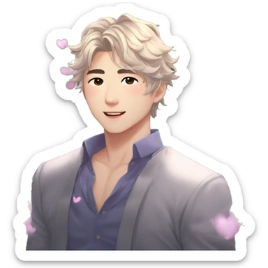 Gorgeous bright sparkly romantic Asian anime gentle man with blushing face aesthetic trending style outside sticker