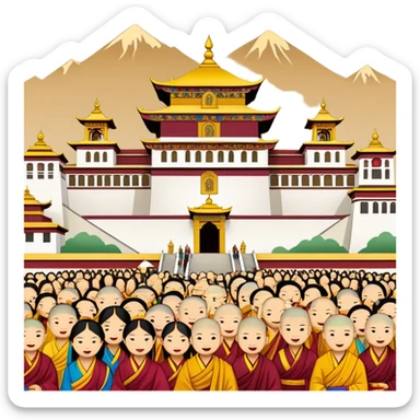 Lhasa Jokhang Temple Tibet with pilgrims, simplified emoji style with bold outlines and bright colors, cartoon style golden roof temple sticker