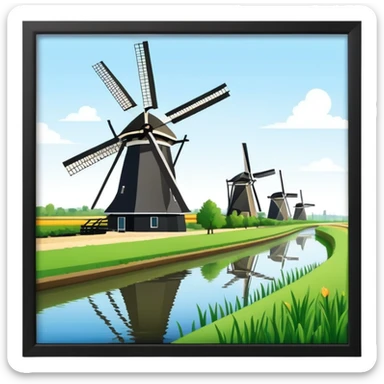 cinematic-realistic-kinderdijk-windmills-landmark-emoji,-showcasing-traditional-dutch-windmills-aligned-along-a-tranquil-canal,-with-lush-green-fields in a picture frame sticker