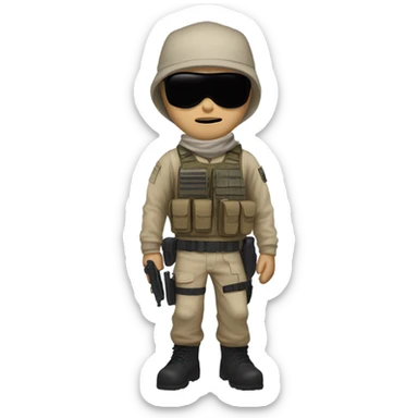 White male, call of duty mask, tan tactical gear, tan pants, combat boots, black beanie, blue eyes sticker