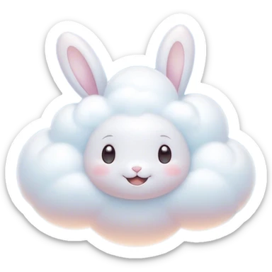 Cinematic tiny puffy bunny-shaped cloud, floating gently in the sky, soft glowing light, tiny rounded ears, smiling face, dreamy and magical. sticker